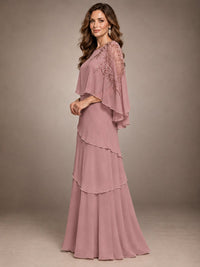 Elegant Chiffon Cape Sleeve Beaded Mother of the Bride Dress
