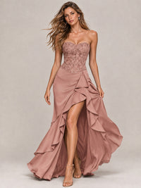 Strapless Lace Appliques Corset Satin Prom Dress Ruffle Slit Evening Gown
