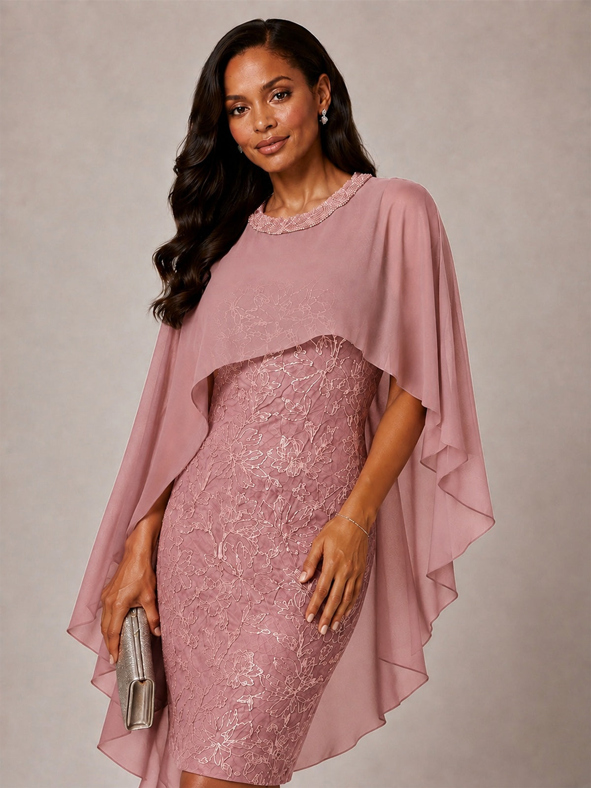 Floral Sheath Mother of the Bride Dress with Cape Overlay