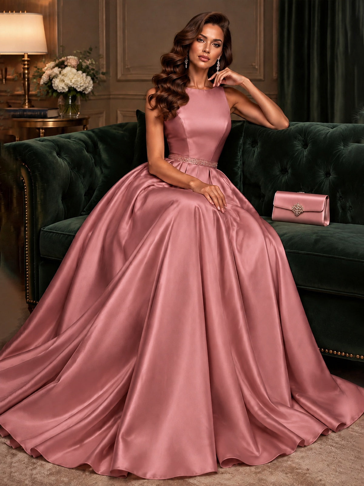 Satin A-Line Prom Dress Sleeveless Beaded Waist Formal Gown with Pockets