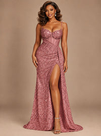 Burgundy Sequin Corset Prom Dress with High Slit