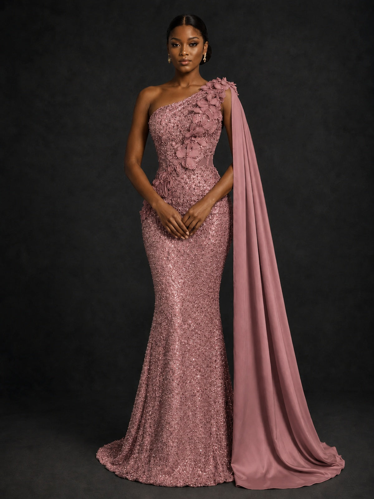 Gold Sequin One Shoulder Mermaid Prom Dress with Cape