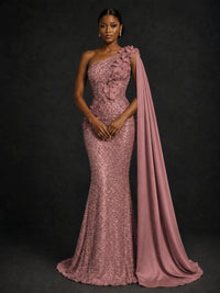 Gold Sequin One Shoulder Mermaid Prom Dress with Cape