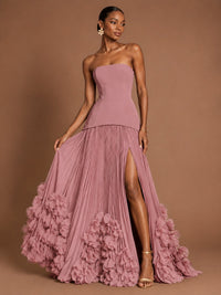 Strapless Pleated Floral Satin Formal Dress with Side Slit
