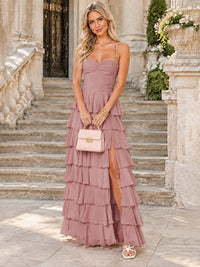 Ruffled Tiered Chiffon Prom Dress Spaghetti Straps Formal Maxi Dress with Slit