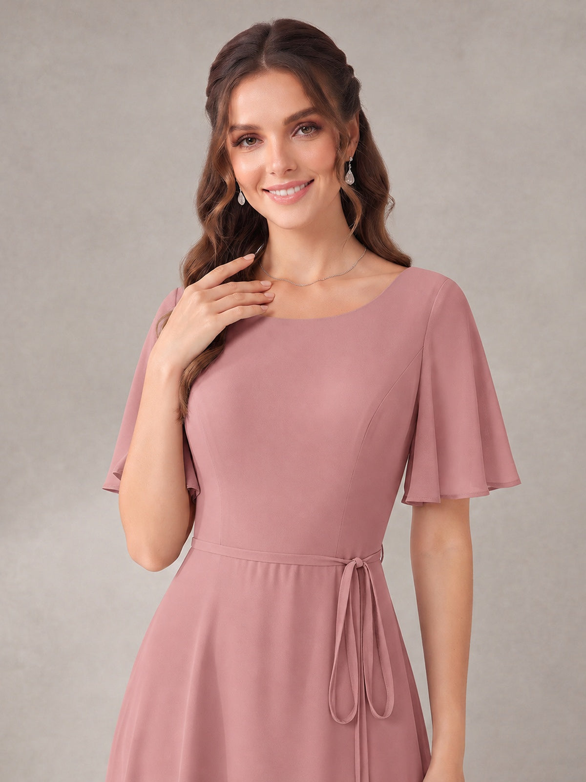 Scoop Neck A-line Chiffon Bridesmaid Dress with Flutter Sleeve & Belt