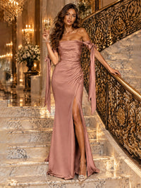 Off The Shuolder Satin Prom Dress Slit Mermaid Formal Gowns