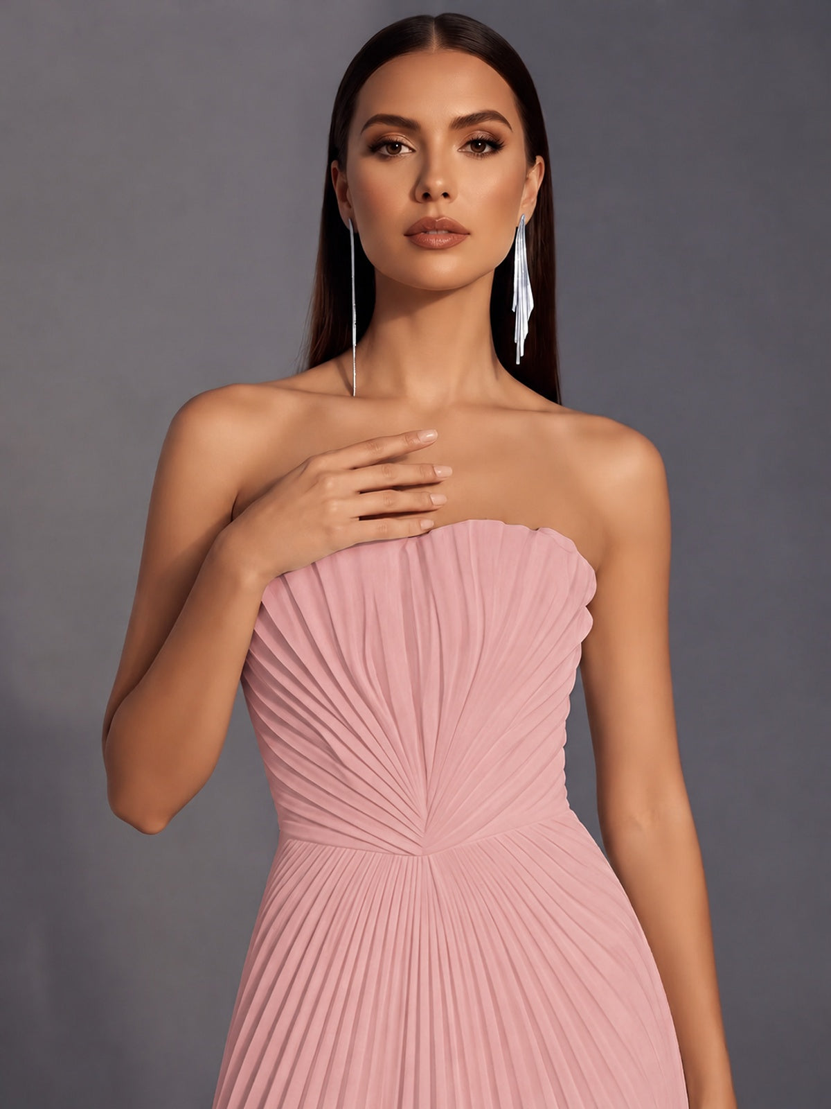 Strapless A-line Long Pleated Satin Prom Dress