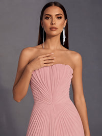 Strapless A-line Long Pleated Satin Prom Dress