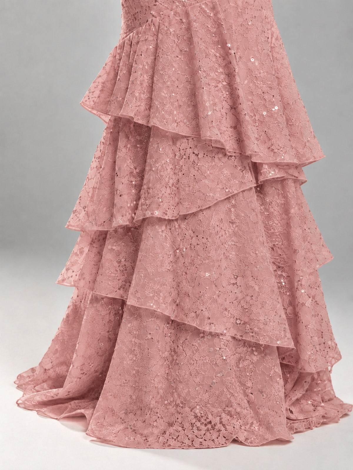 Halter Tiered Mermaid Prom Dress with Sparkly Lace