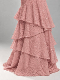 Halter Tiered Mermaid Prom Dress with Sparkly Lace