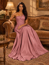 Draped Satin Prom Dress Strapless A-line Formal Dress Floor Length
