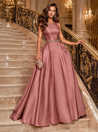Satin A-Line Prom Dress Sleeveless Beaded Waist Formal Gown with Pockets