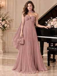 Sweetheart Neckline Pleated Prom Dress Strapless A-line Formal Dress with Flowy Scarf