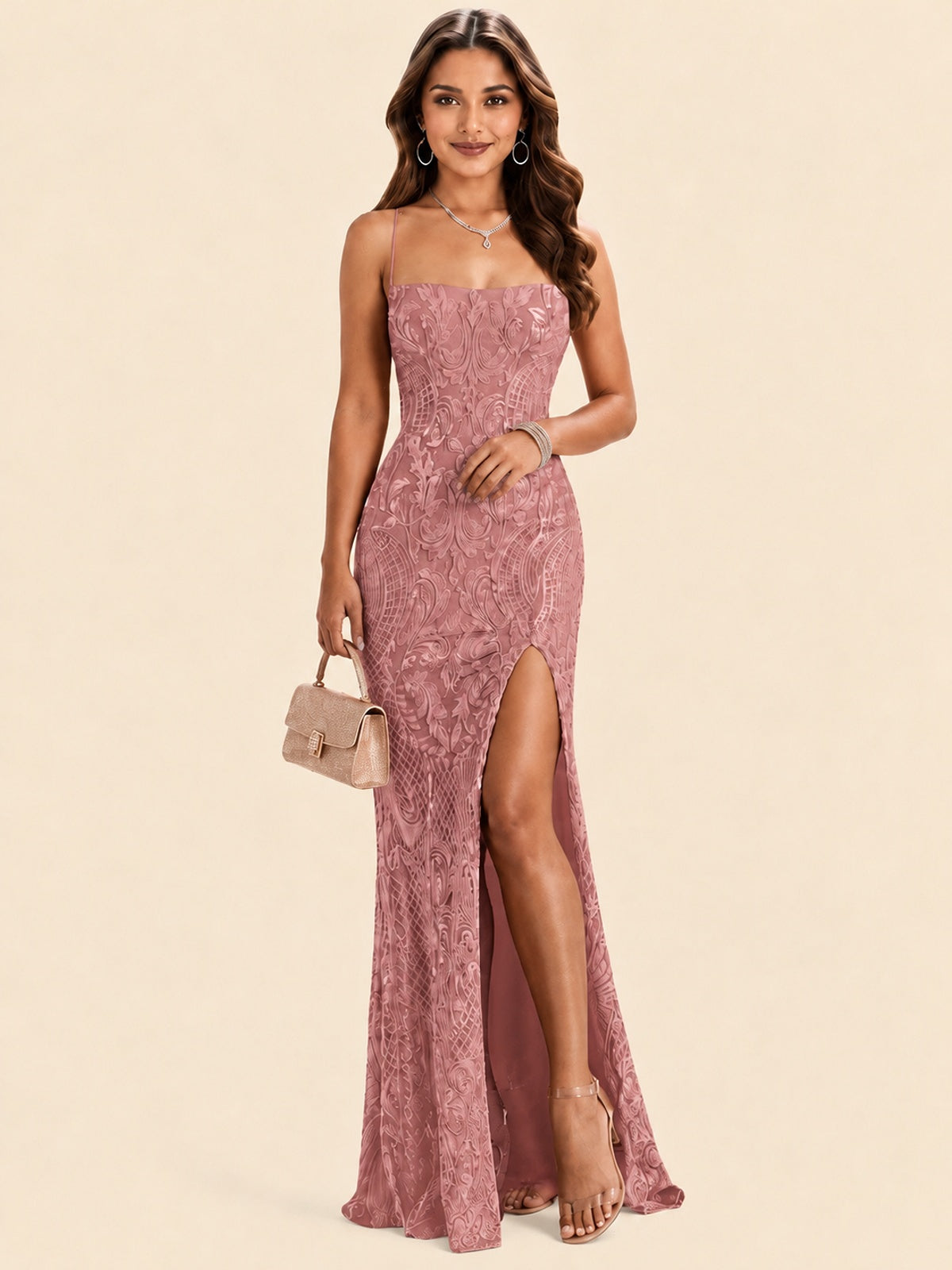 Sequin Lace Appliques Mermaid Prom Dress Spaghetti Strap Formal Gowns with Slit