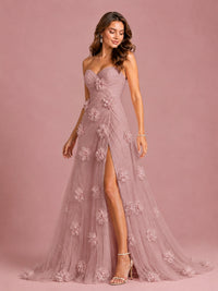 3D Floral Applique Strapless Tulle Prom Dress with High Slit