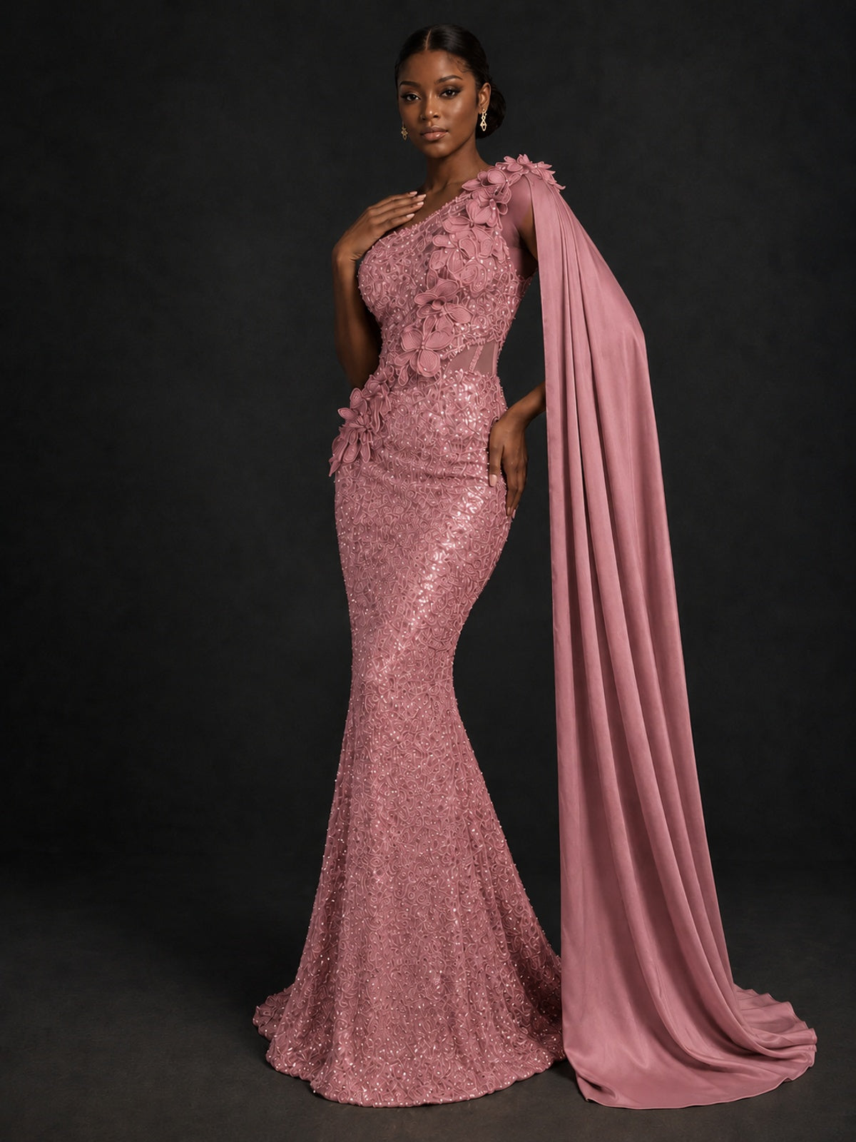 Gold Sequin One Shoulder Mermaid Prom Dress with Cape