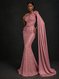 Gold Sequin One Shoulder Mermaid Prom Dress with Cape