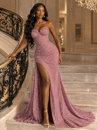 Beaded Sequin Prom Dress Strapless Formal Gowns with High Slit Train