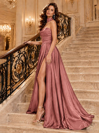 Strapless Prom Dress Side High Slit A-line Formal Dress with Scarf