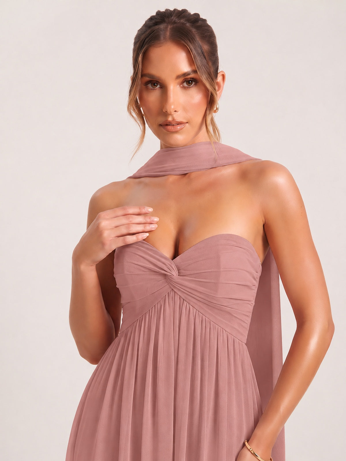 Strapless Ruched Chiffon Long Prom Dress with Scarf