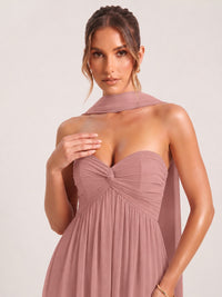 Strapless Ruched Chiffon Long Prom Dress with Scarf