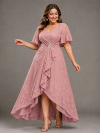 Jacquard Chiffon A-Line V-Neck High-Low Mother of the Bride Dress