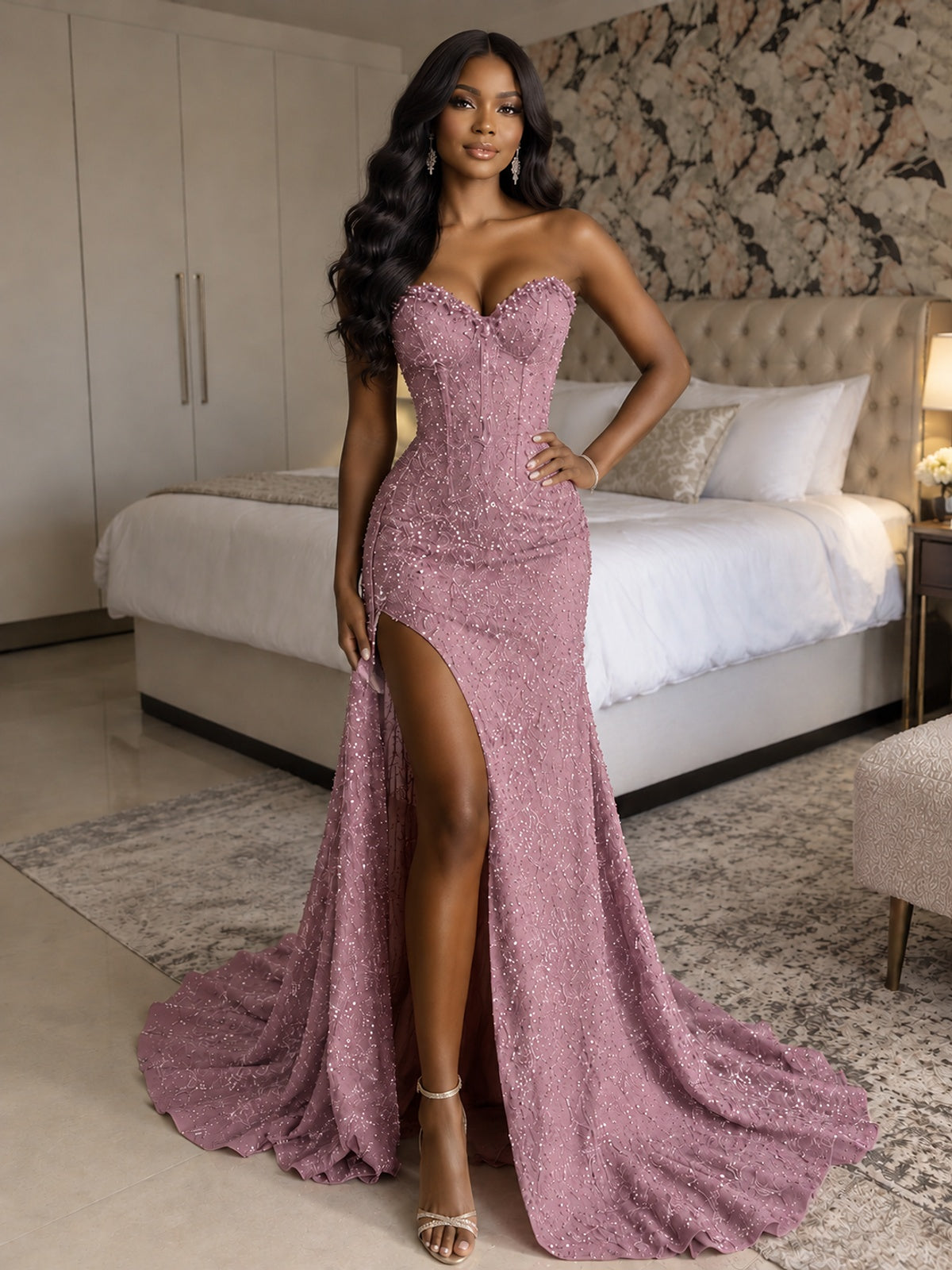 Beaded Sequin Prom Dress Strapless Formal Gowns with High Slit Train