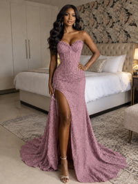 Beaded Sequin Prom Dress Strapless Formal Gowns with High Slit Train