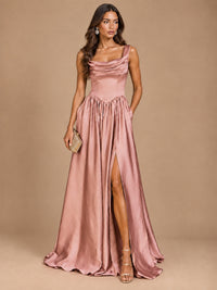 Cowl Neck Pleated Satin Prom Dress with Pockets & Slit Maxi Formal Gowns