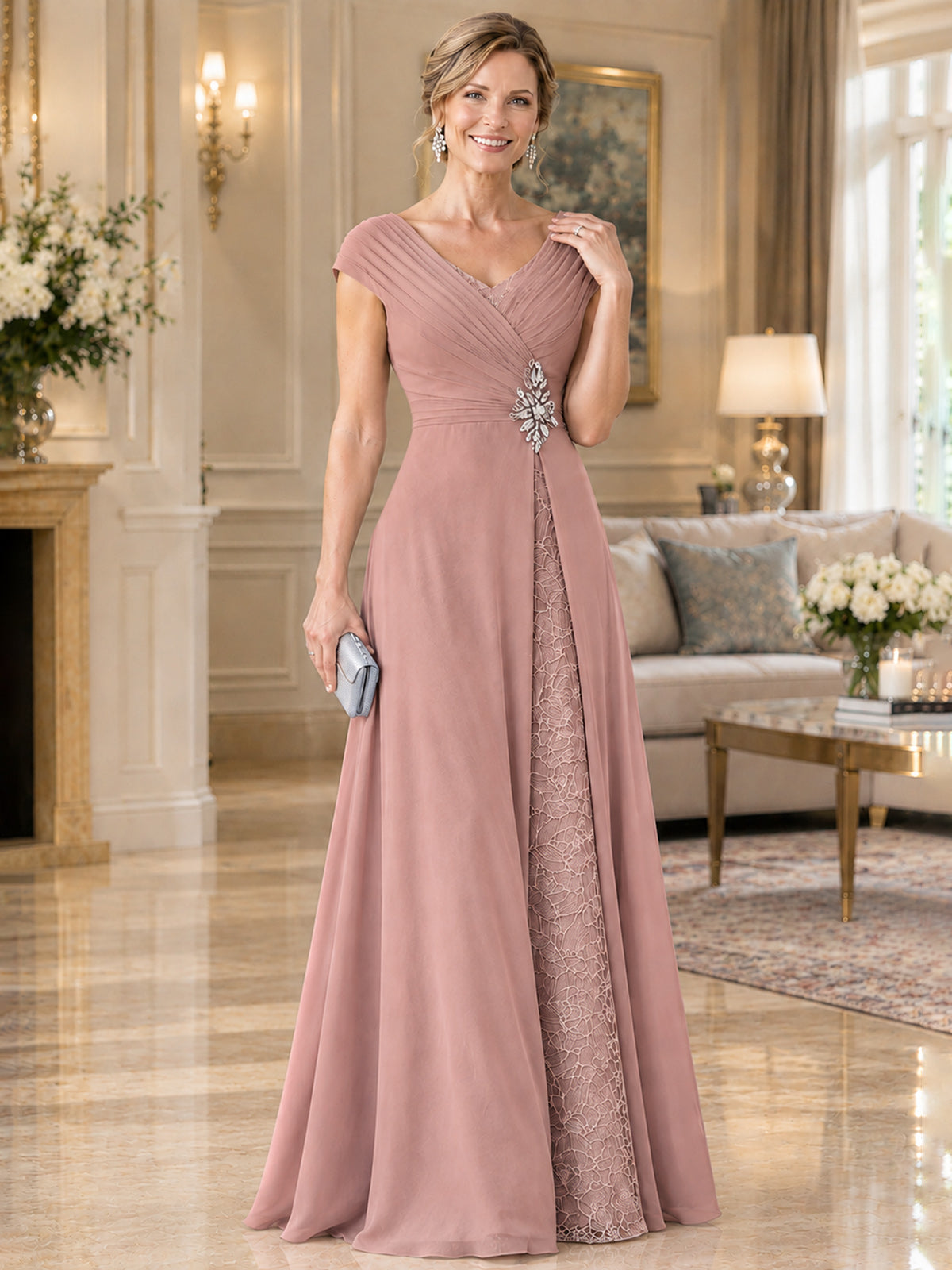 Pleated Chiffon Lace Mother of The Bride Dresses with Beading Cap Sleeves