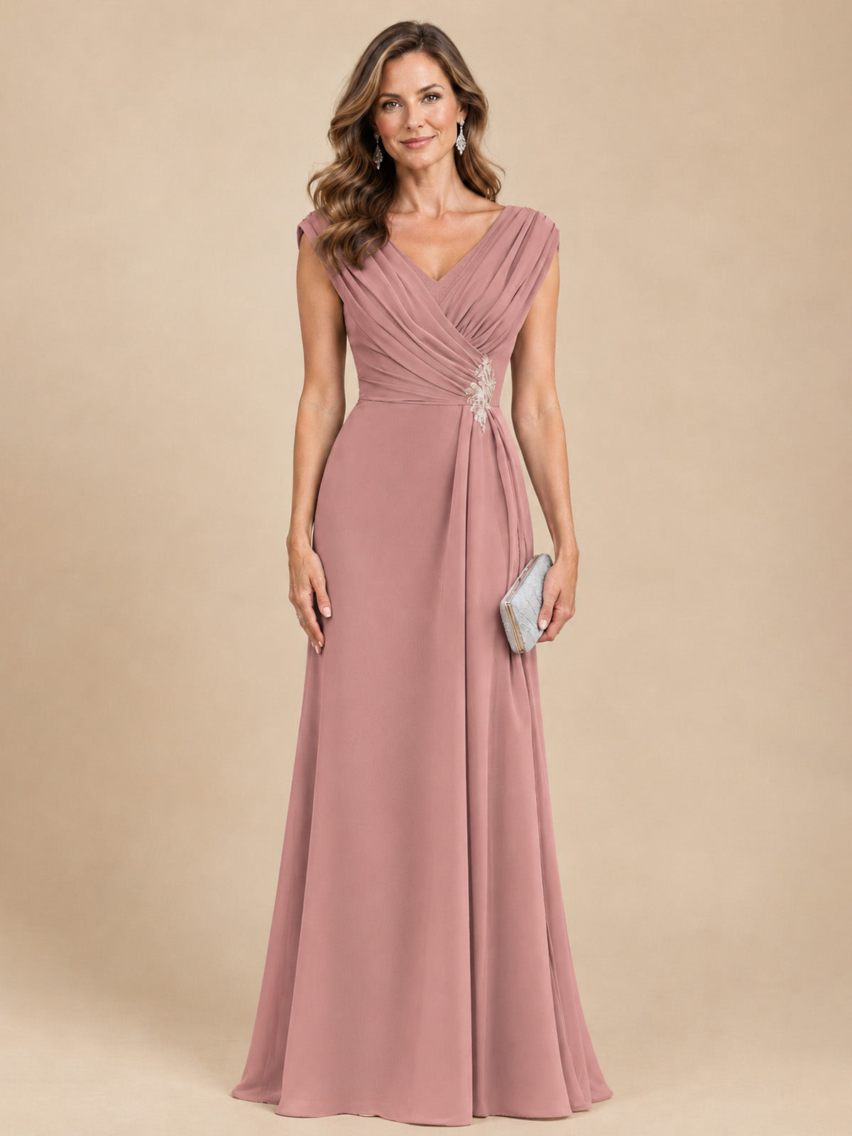 V Neck Pleated Mother of The Bride Dresses with Beading Cap Sleeves
