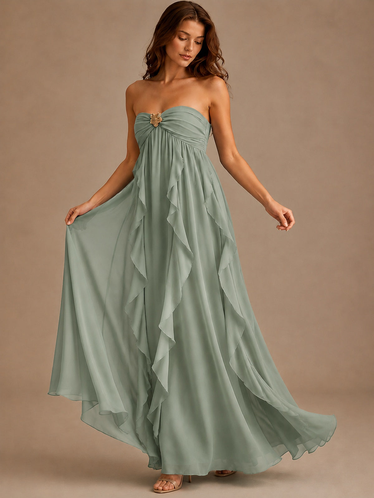 Srapless Sweetheart Chiffon Prom Dress Ruffle Formal Evening Gown