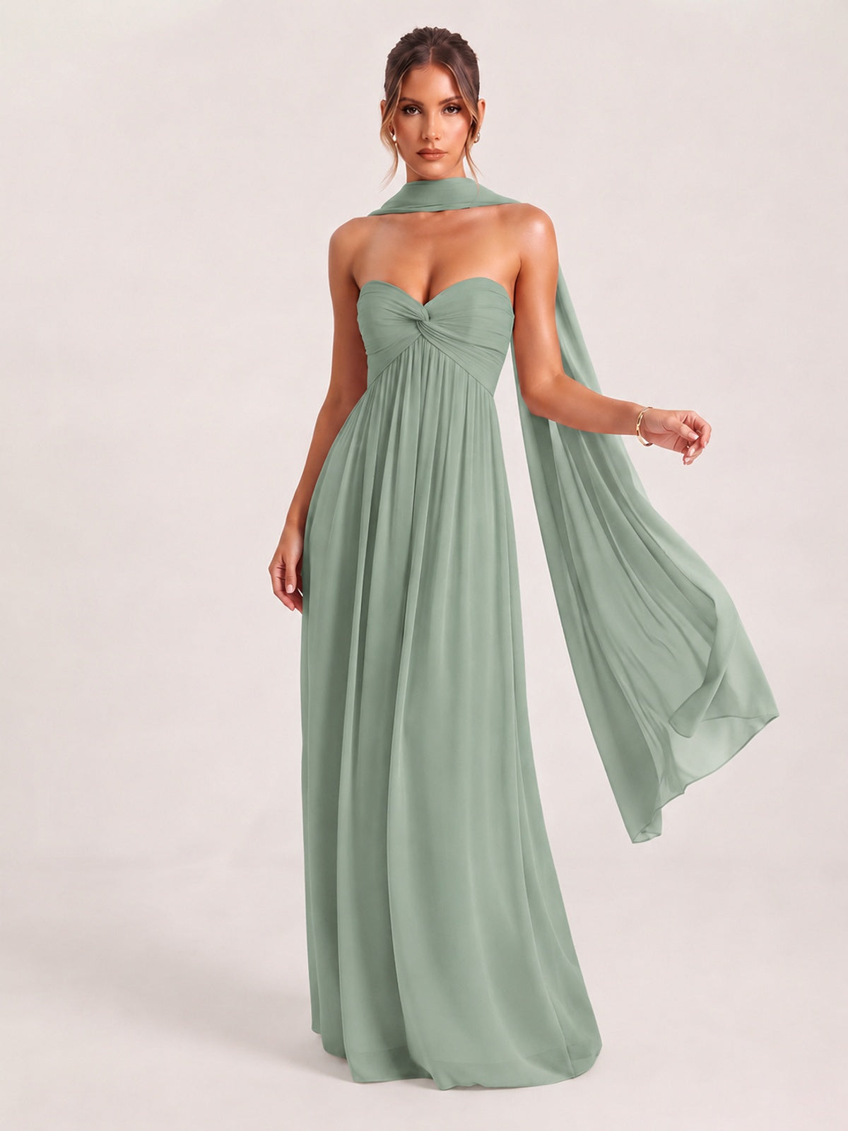 Dusty Sage Strapless Ruched Chiffon Long Prom Dress with Scarf A-line Sweetheart Ruffled Formal Wedding Guest Dress Evening Gown