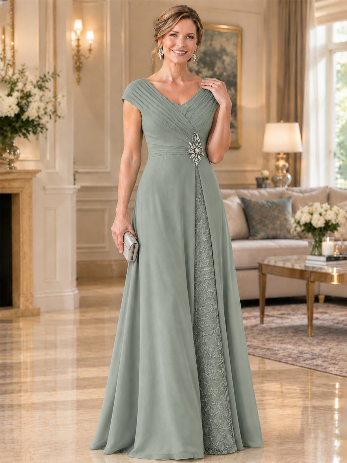 Pleated Chiffon Lace Mother of The Bride Dresses with Beading Cap Sleeves