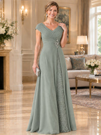Pleated Chiffon Lace Mother of The Bride Dresses with Beading Cap Sleeves