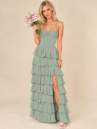 Ruffled Tiered Chiffon Prom Dress Spaghetti Straps Formal Maxi Dress with Slit