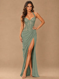 Sweetheart Halter Prom Dress Pleated Lace Floral Formal Dress with Slit