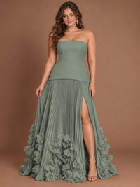 Strapless Pleated Floral Satin Formal Dress with Side Slit