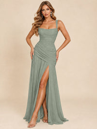 Wrap Pleated Prom Dress Scoop Neck with Slit Women Wedding Formal Dress
