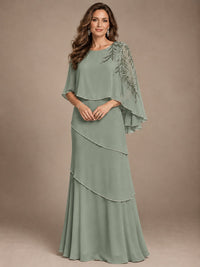 Elegant Chiffon Cape Sleeve Beaded Mother of the Bride Dress
