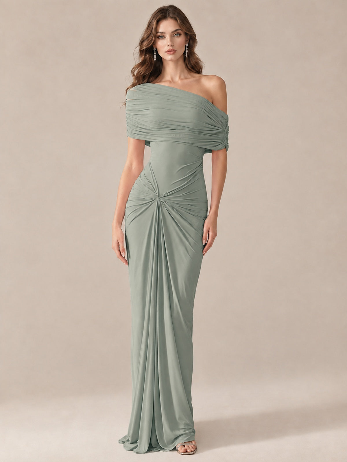 Elegant Draped Off Shoulder Ruched Mermaid Chiffon Formal Evening Gown