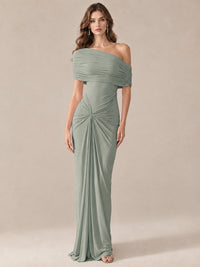 Elegant Draped Off Shoulder Ruched Mermaid Chiffon Formal Evening Gown