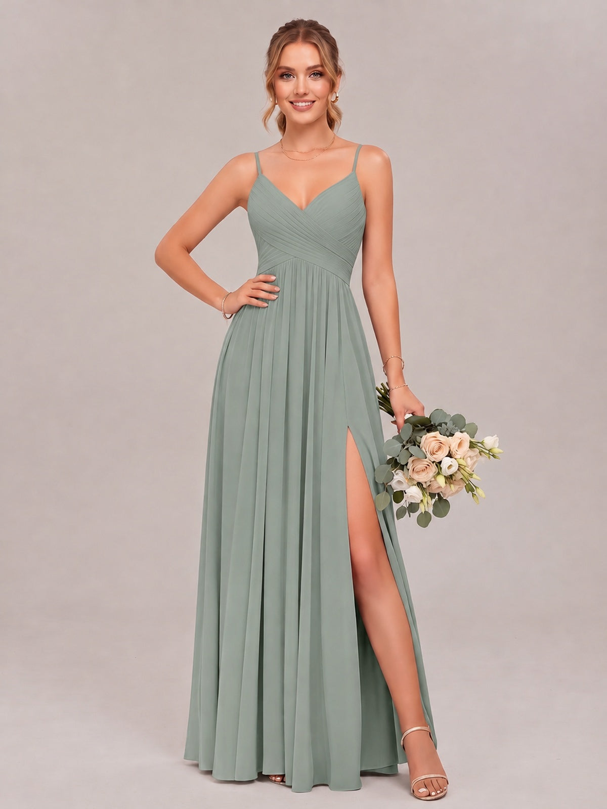 Dusty Sage Spaghetti Straps Pleated Chiffon Bridesmaid Dress with Slit V-Neck A-line Long Formal Evening Wedding Guest Gown