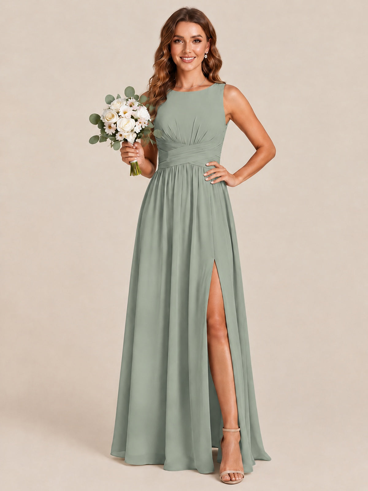 A-line Sleeveless Rucehd Chiffon Bridesmaid Dress with High Slit
