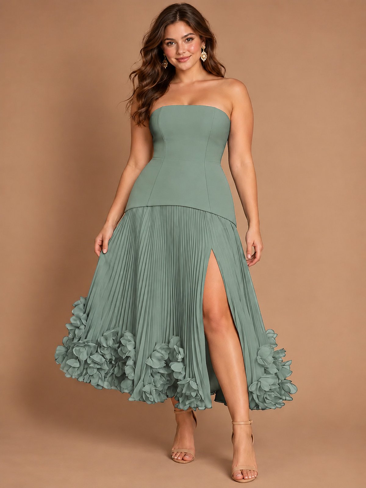 Navy Blue Strapless Pleated A-Line Midi Dress with 3D Floral Applique