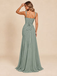 Wrap Pleated Prom Dress Scoop Neck with Slit Women Wedding Formal Dress