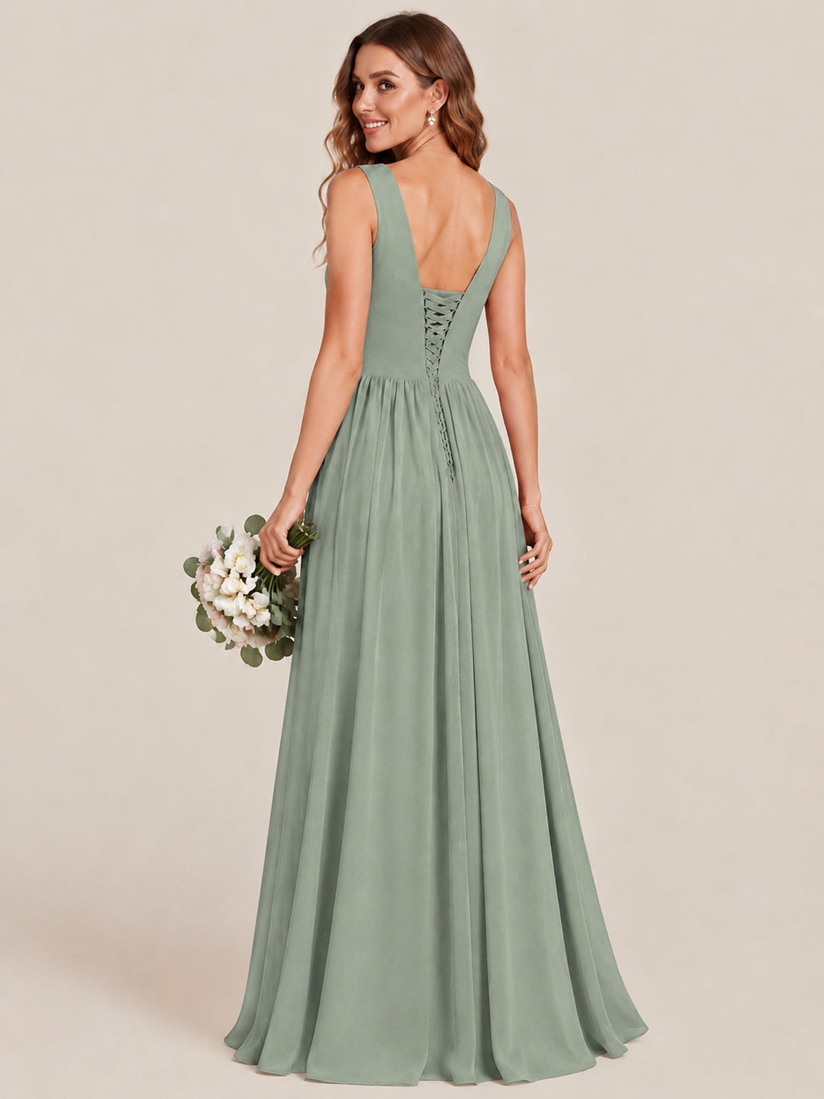 A-line Sleeveless Rucehd Chiffon Bridesmaid Dress with High Slit