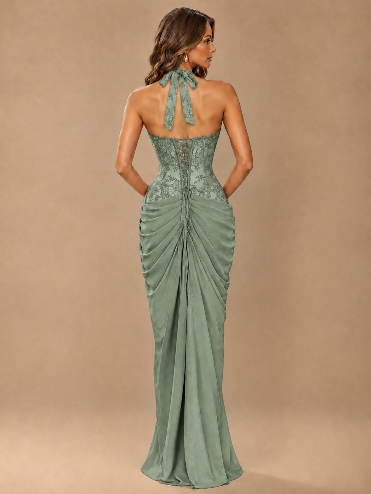 Sweetheart Halter Prom Dress Pleated Lace Floral Formal Dress with Slit