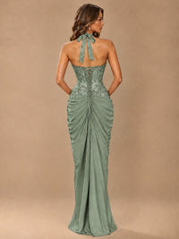 Sweetheart Halter Prom Dress Pleated Lace Floral Formal Dress with Slit